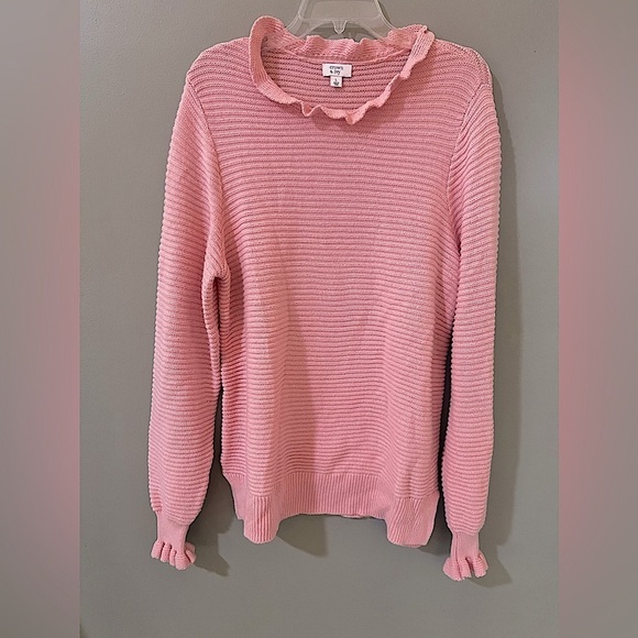 Crown & Ivy waffle knit ruffle sweater size large color pink - Picture 1 of 6